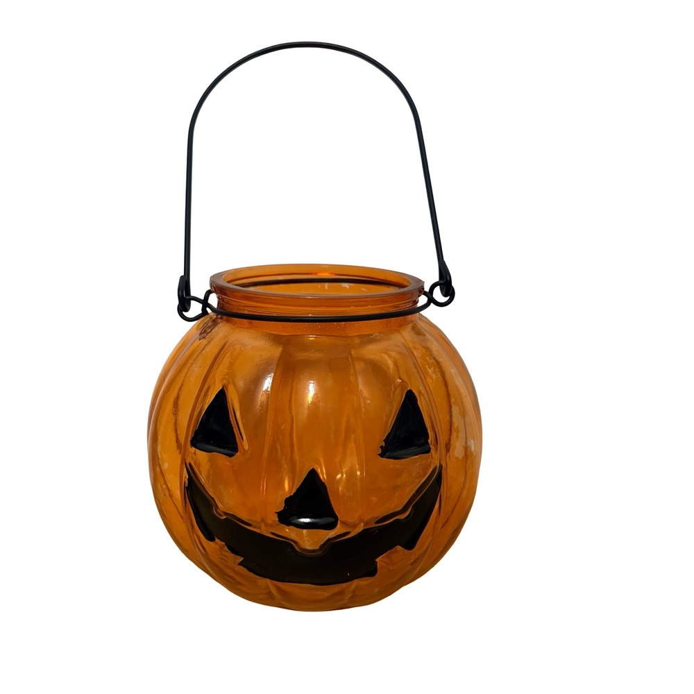 Orange Glass Jack O Lantern Pumpkin Votive Candle Holder With Handle Halloween